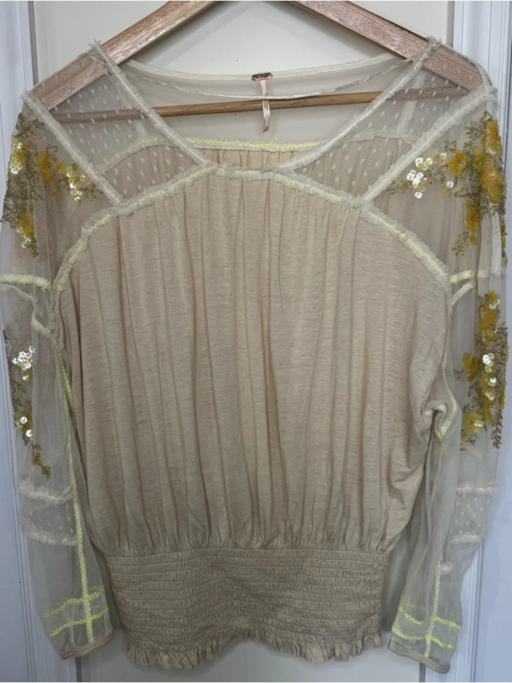 Free People Cream Sheer Embroidered Sleeve Blouse